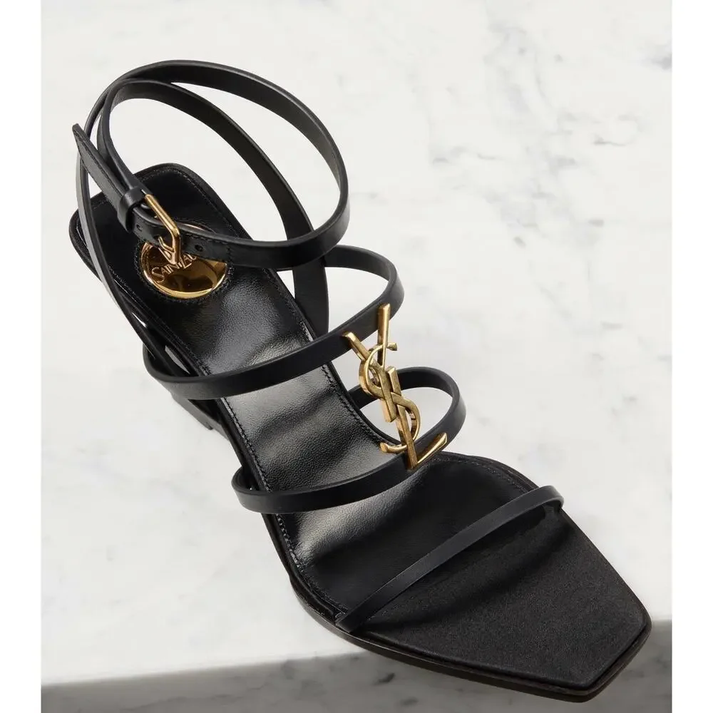 Saint Laurent YSL Logo Cassandra 90 Black Ankle Strap Wedge Sandal Heel 38.5
